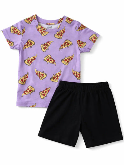 Purple Black Pizza Contrast Shorts Set (Unisex)