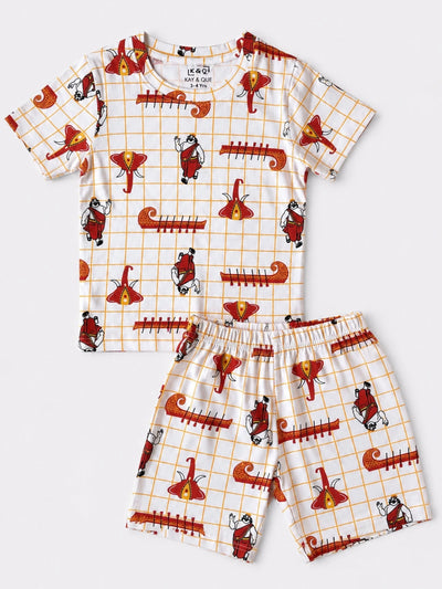 White Checked Onam Shorts Set (Unisex)